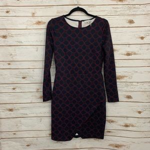 1 State Navy Patterned Tulip Hem Sheath Dress